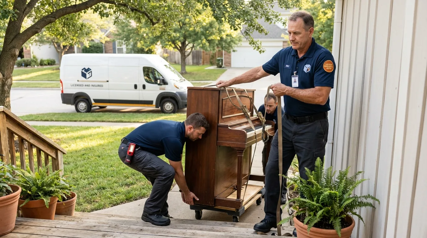 Licensed piano movers securing grand piano in Dover, NH