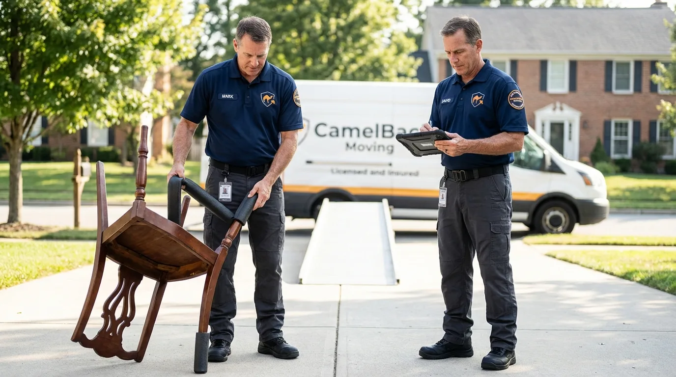 Movers inspecting furniture for damage prevention before loading in Dover, NH