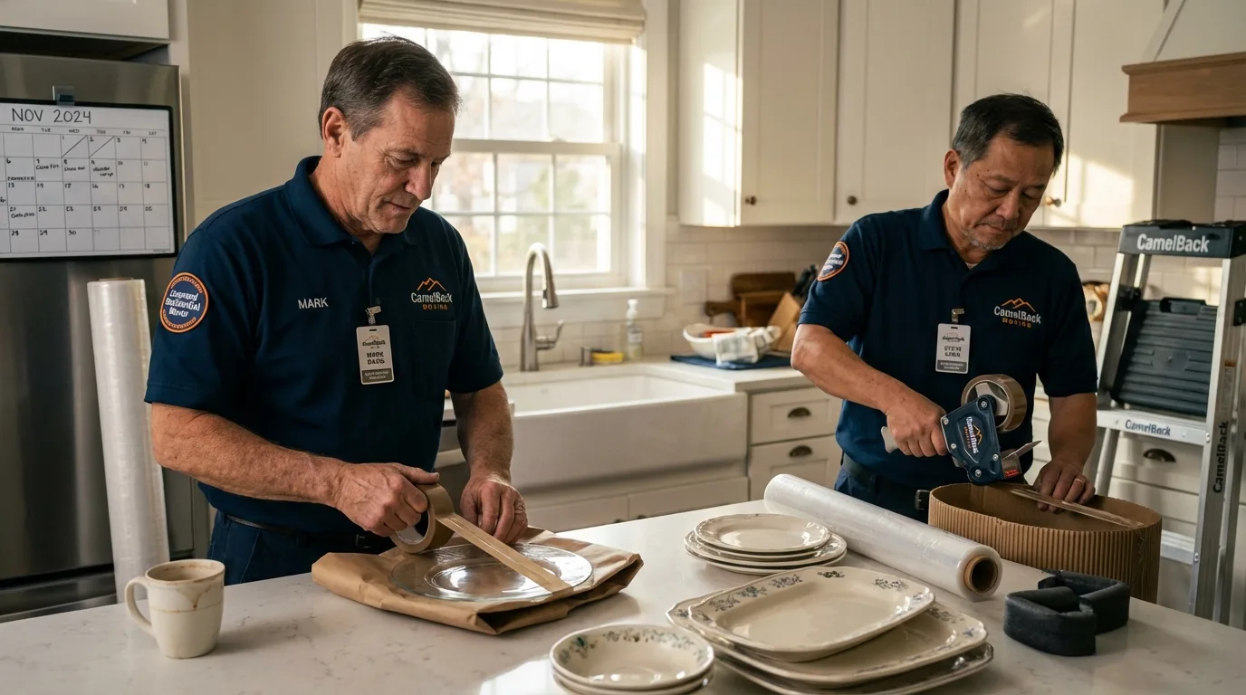 Professional crew packing kitchen dishware in Dover, NH